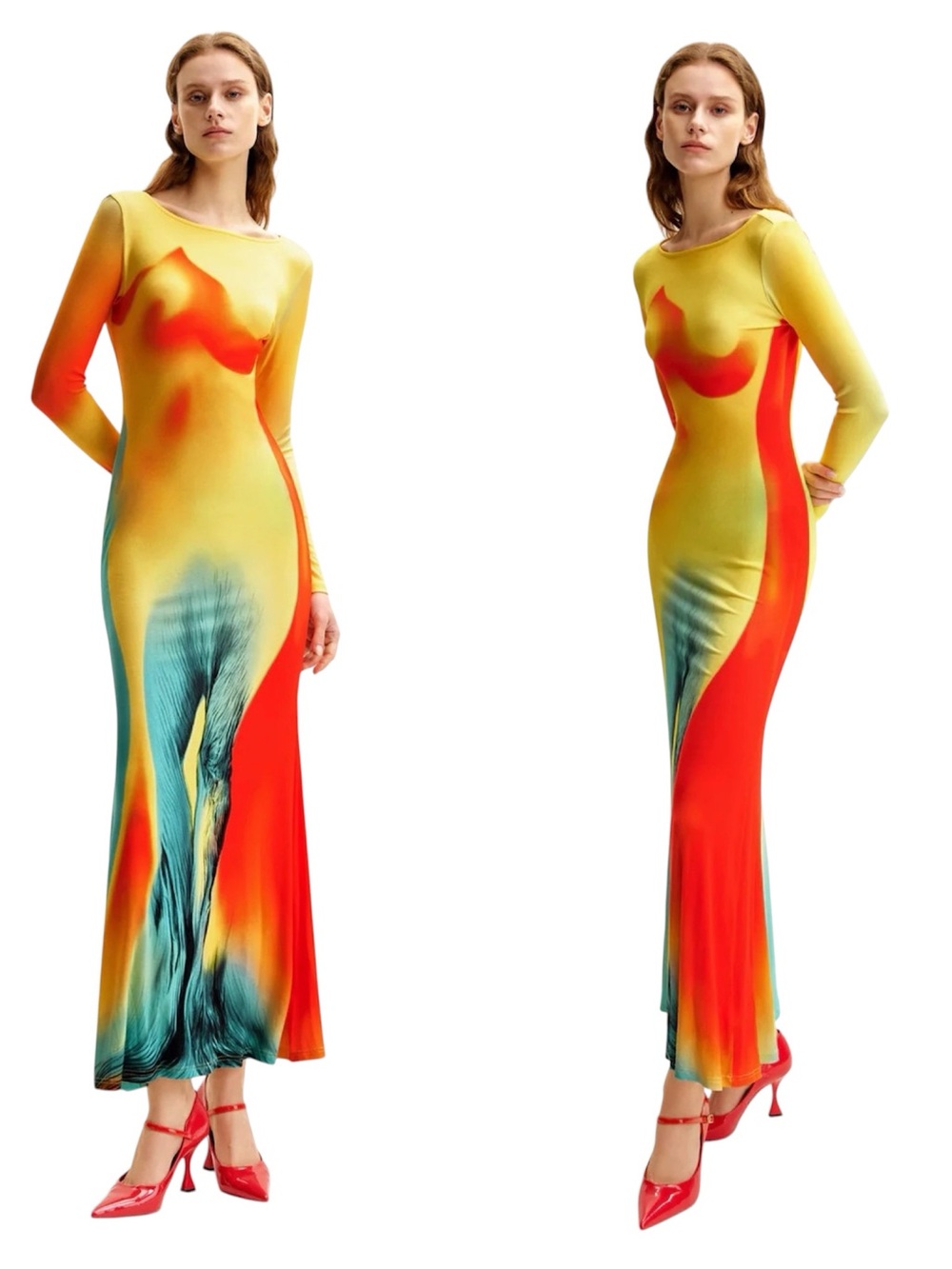 JW Pei | Lily Illusion Ribbed Stretch Abstract Maxi Dress Yellow Red Size 2 NWT